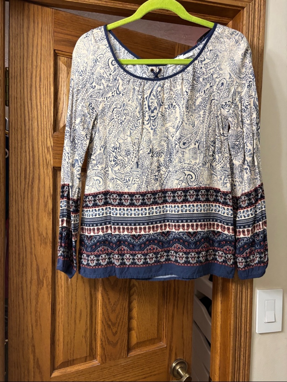 Blu Pepper Navy and Ivory Paisley Border Long-Sleeve Top